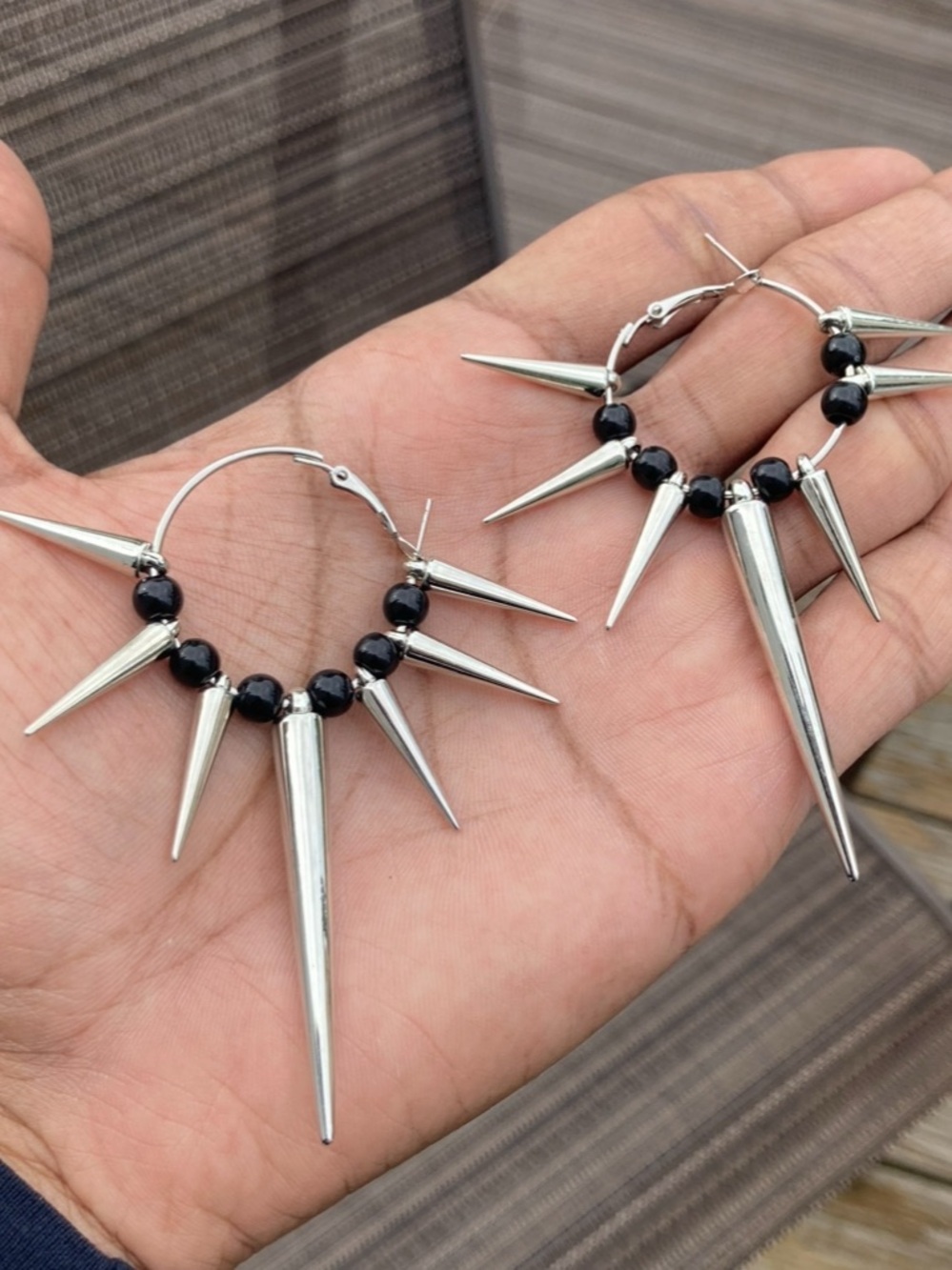 Gothic Silver spike earrings with Punk Emo black beads - alternative rock